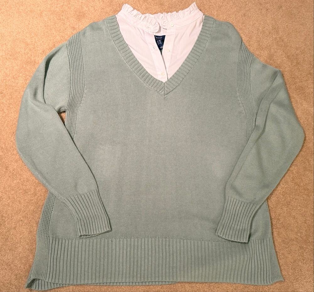 Denim & Co. Signature Mock 2-in-1 Layered V-Neck Sweater Ruffle Collar Sage SZ M